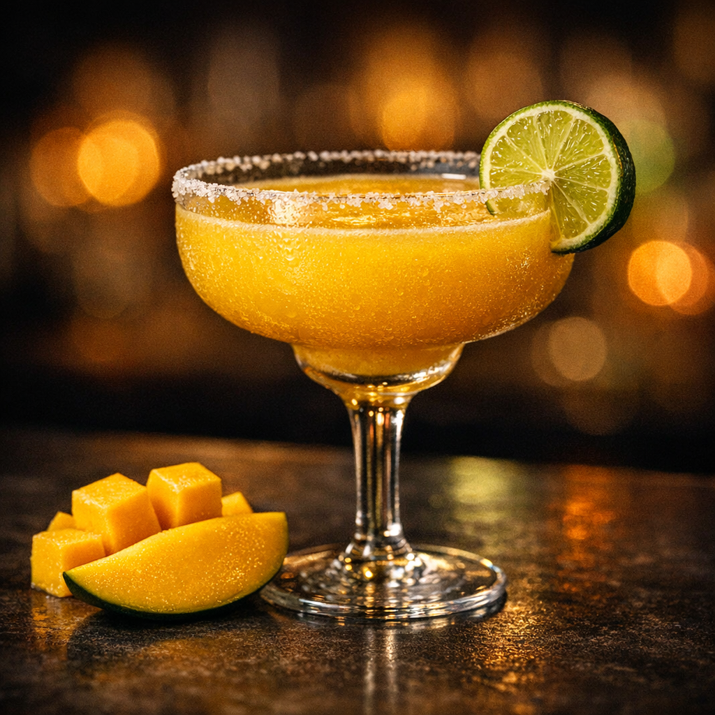 Hyperrealistische Mango Margarita mit Mango neben dem Glas vor goldgrünem Licht