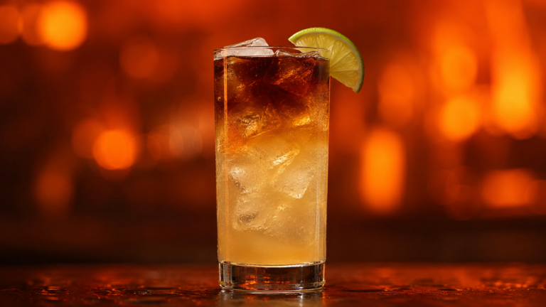 Dark and Stormy vor extrem unscharfem Neonhintergrund in der Farbe des Drinks