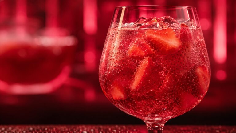 Erdbeerbowle vor passendem erdbeerrotem Neonlicht im Alkoholy-Stil