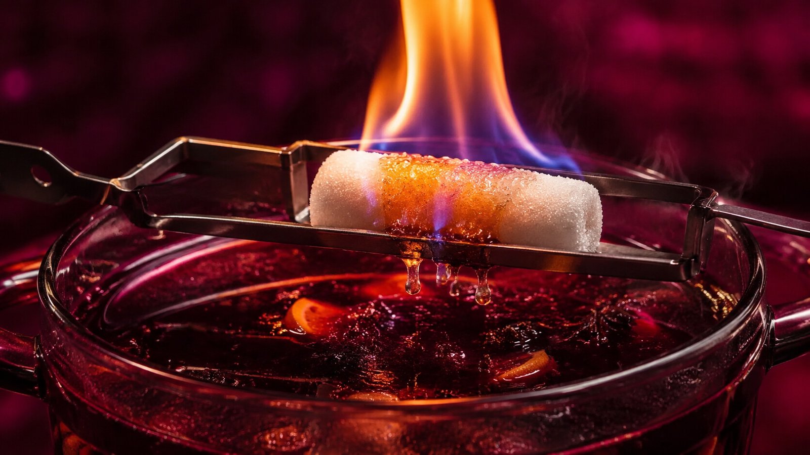 Feuerzangenbowle in einer Bowleschale vor farbigem Neonlicht