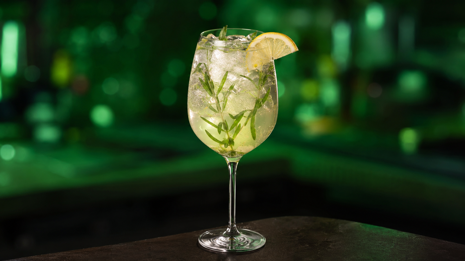 Maibowle vor extrem unscharfem Neonhintergrund in der Farbe des Drinks