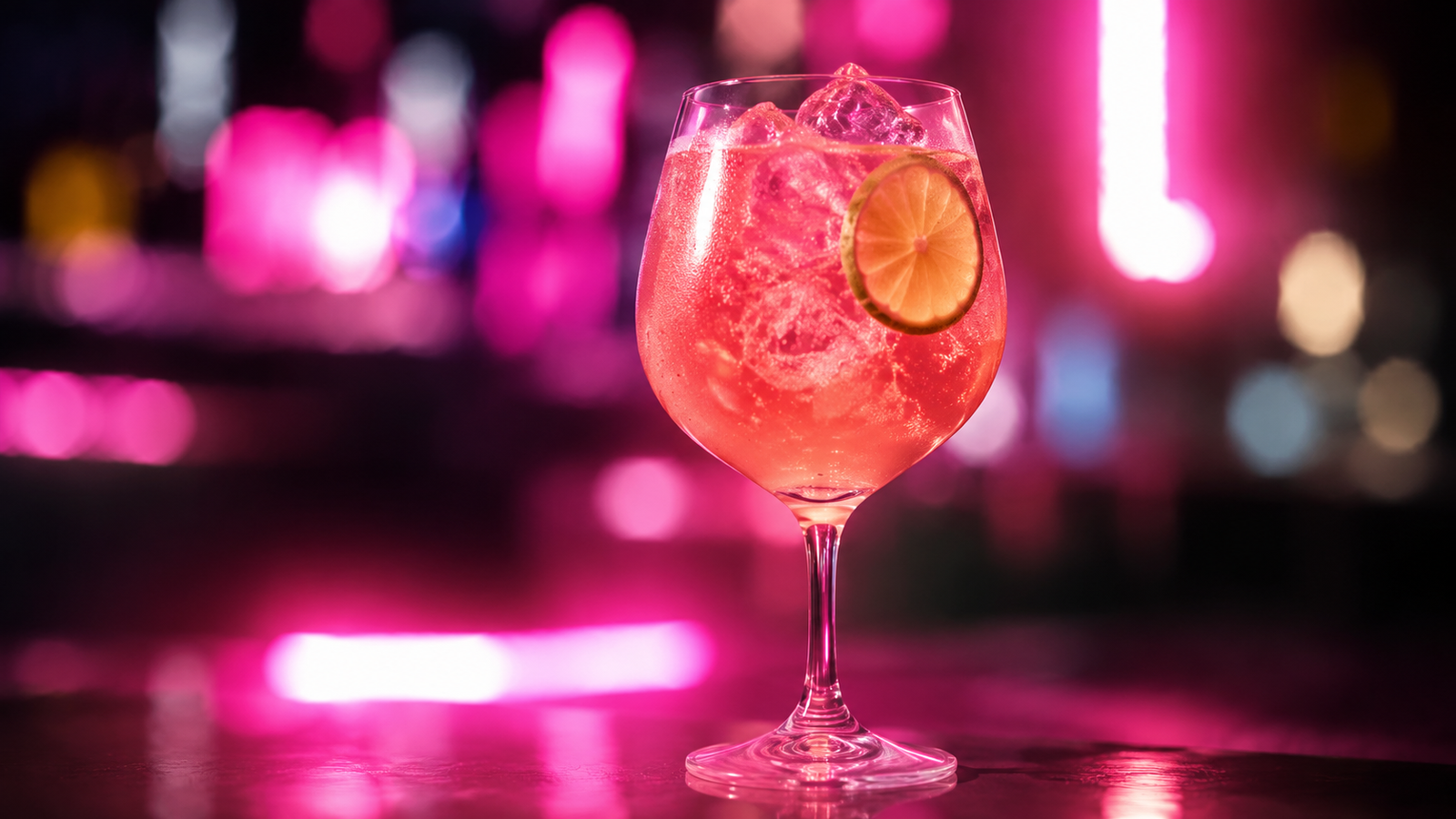 Sarti Spritz vor extrem unscharfem Neonhintergrund in der Farbe des Drinks