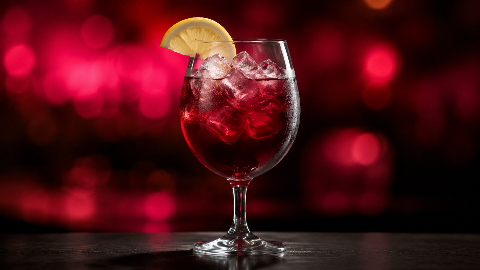 Tinto de Verano vor extrem unscharfem Neonhintergrund in der Farbe des Drinks