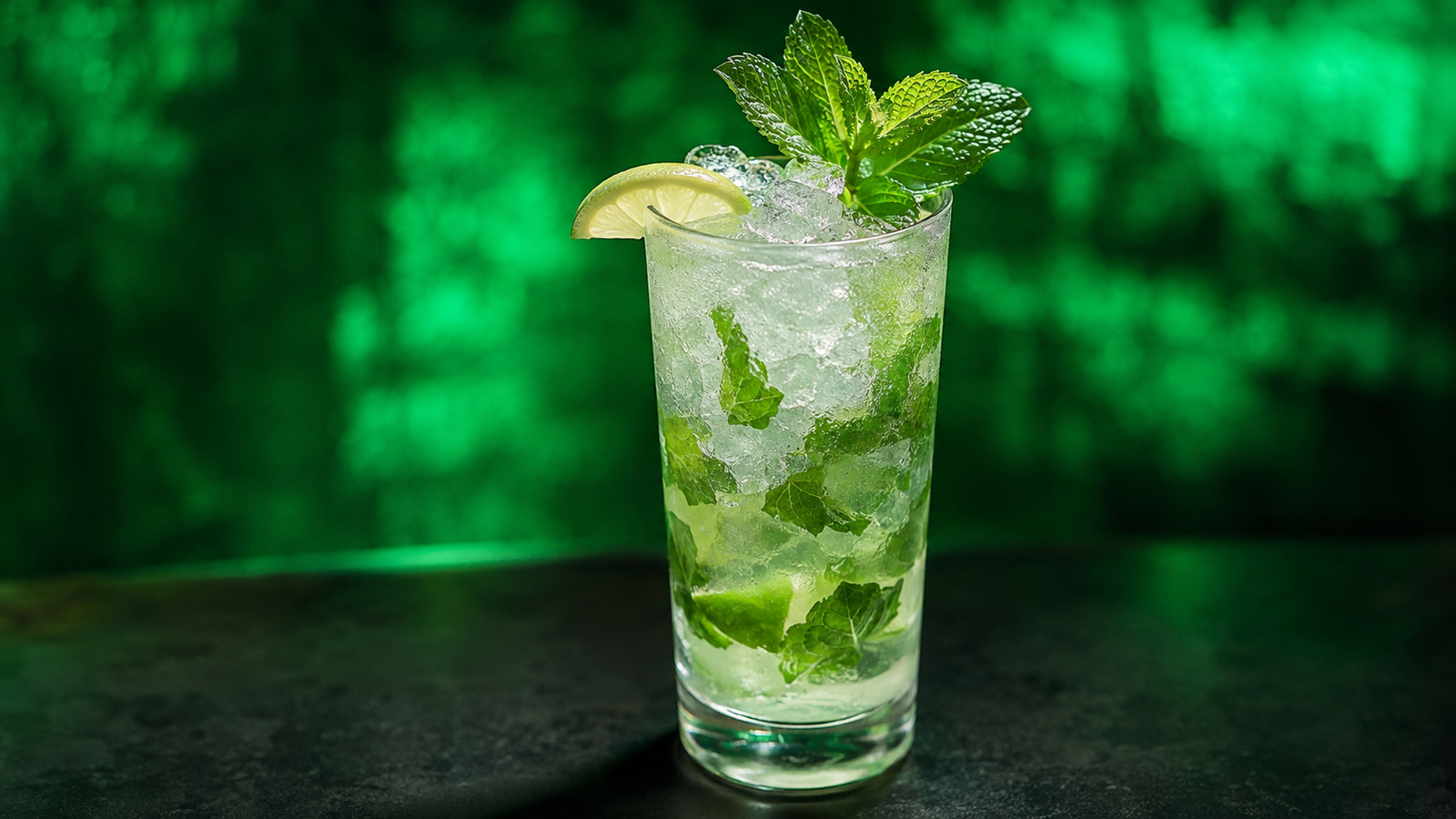 Virgin Mojito vor extrem unscharfem Neonhintergrund in der Farbe des Drinks