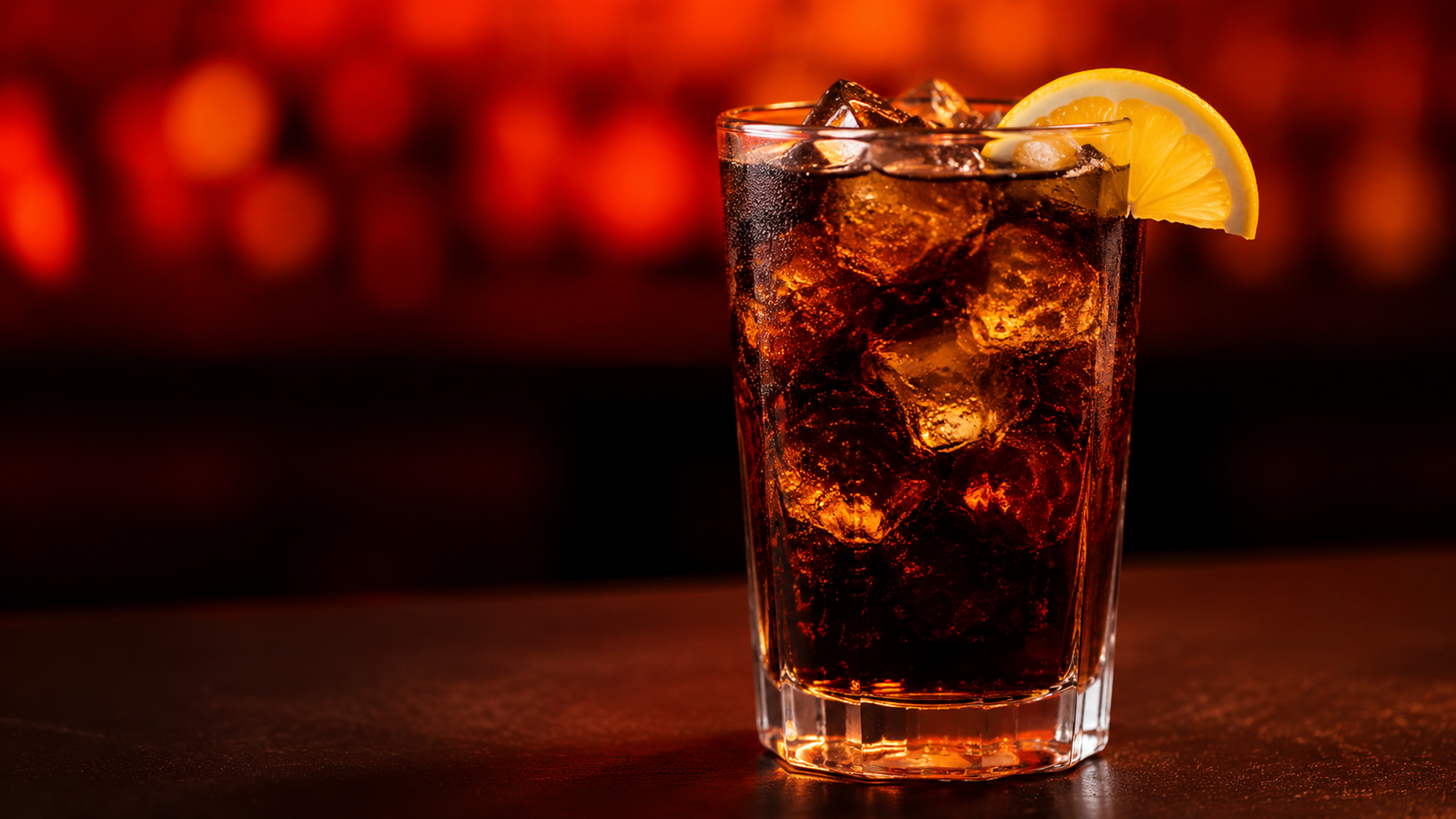 Whiskey Cola vor extrem unscharfem Neonhintergrund in der Farbe des Drinks
